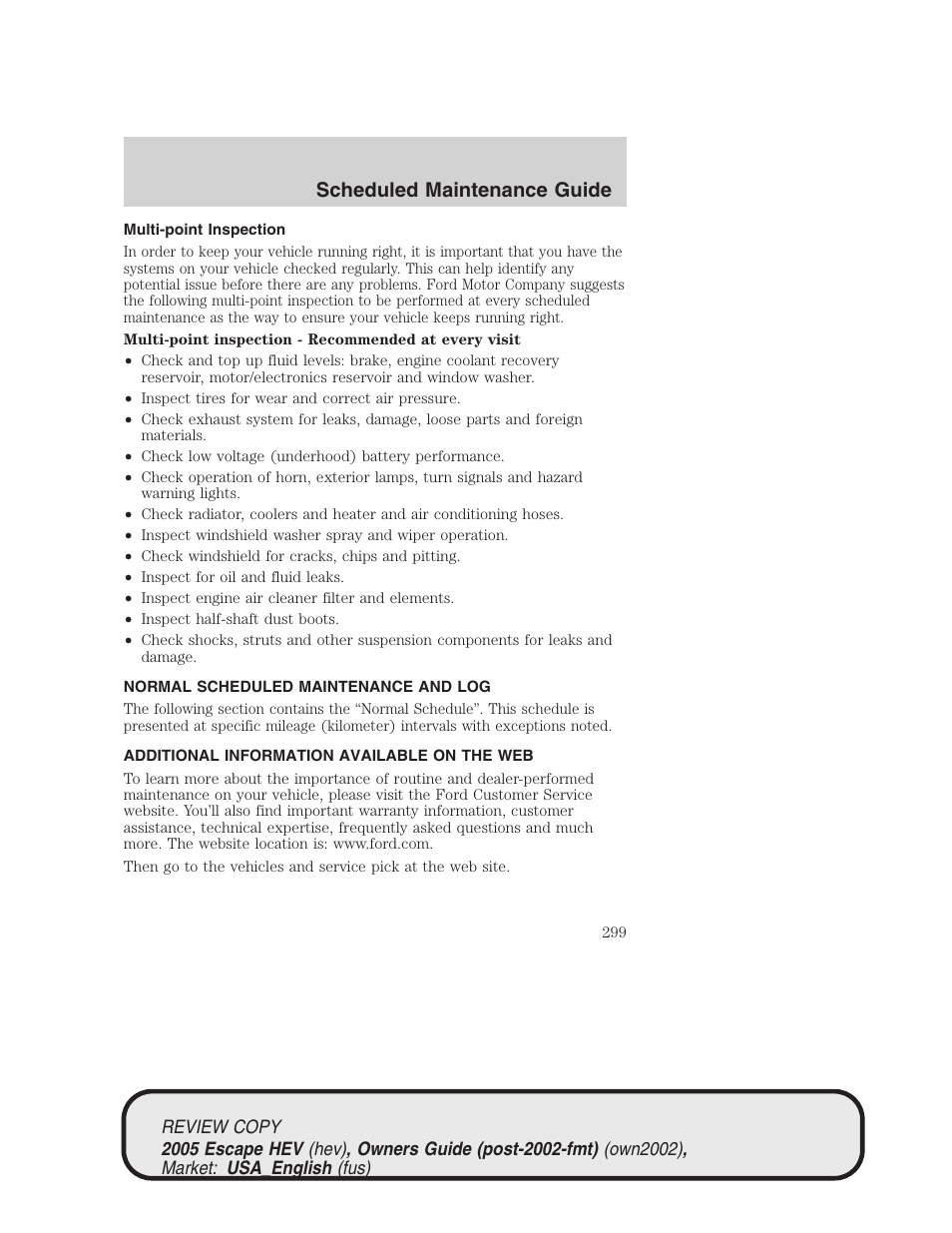 Scheduled maintenance guide | FORD 2005 Escape Hybrid v.1 User Manual | Page 299 / 328