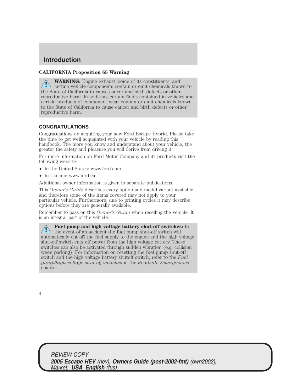 Introduction | FORD 2005 Escape Hybrid v.1 User Manual | Page 4 / 328