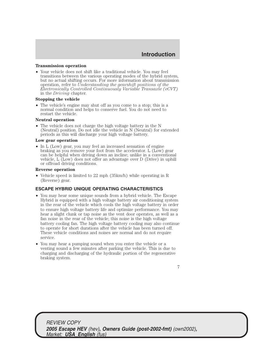 Introduction | FORD 2005 Escape Hybrid v.1 User Manual | Page 7 / 328
