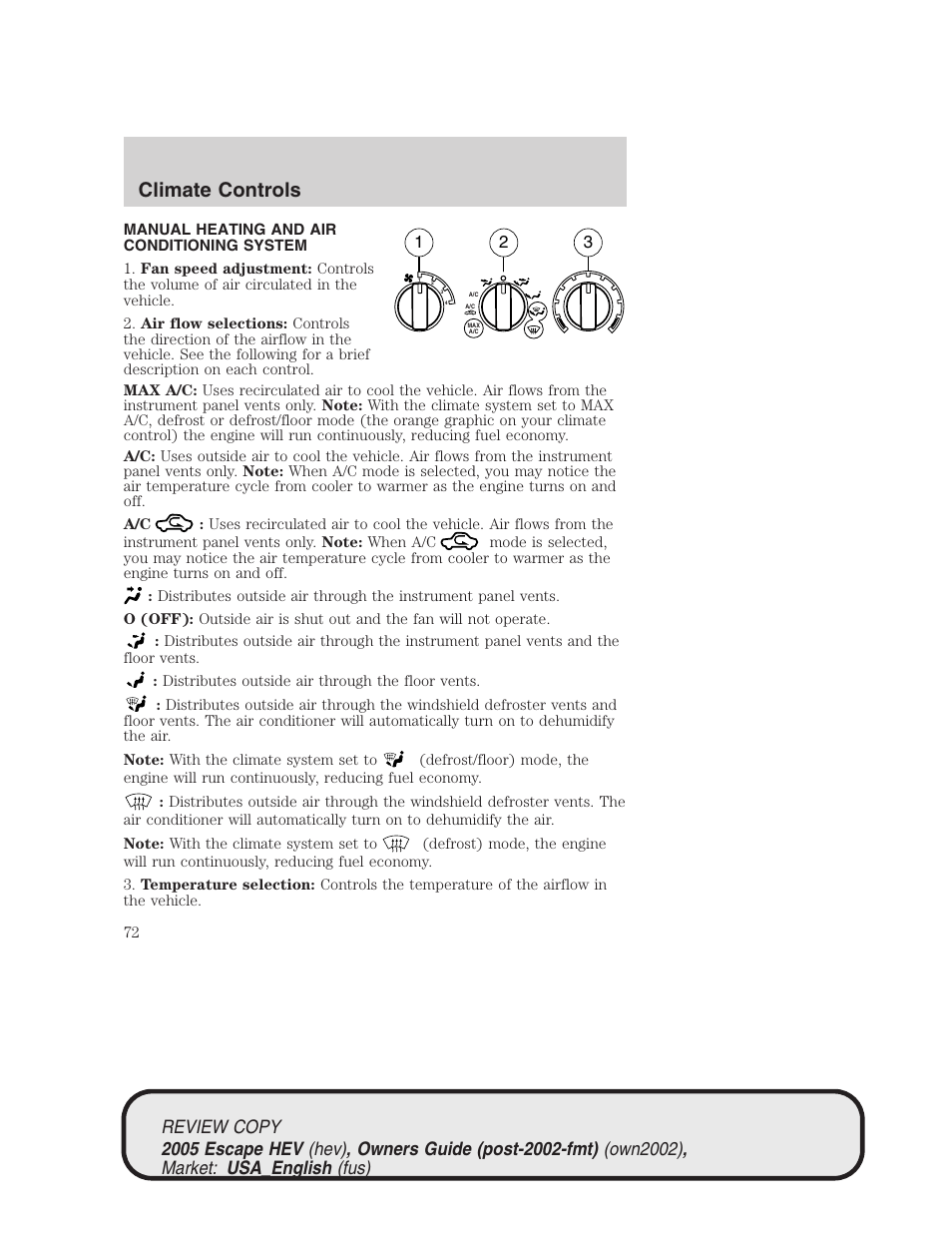 Climate controls | FORD 2005 Escape Hybrid v.1 User Manual | Page 72 / 328