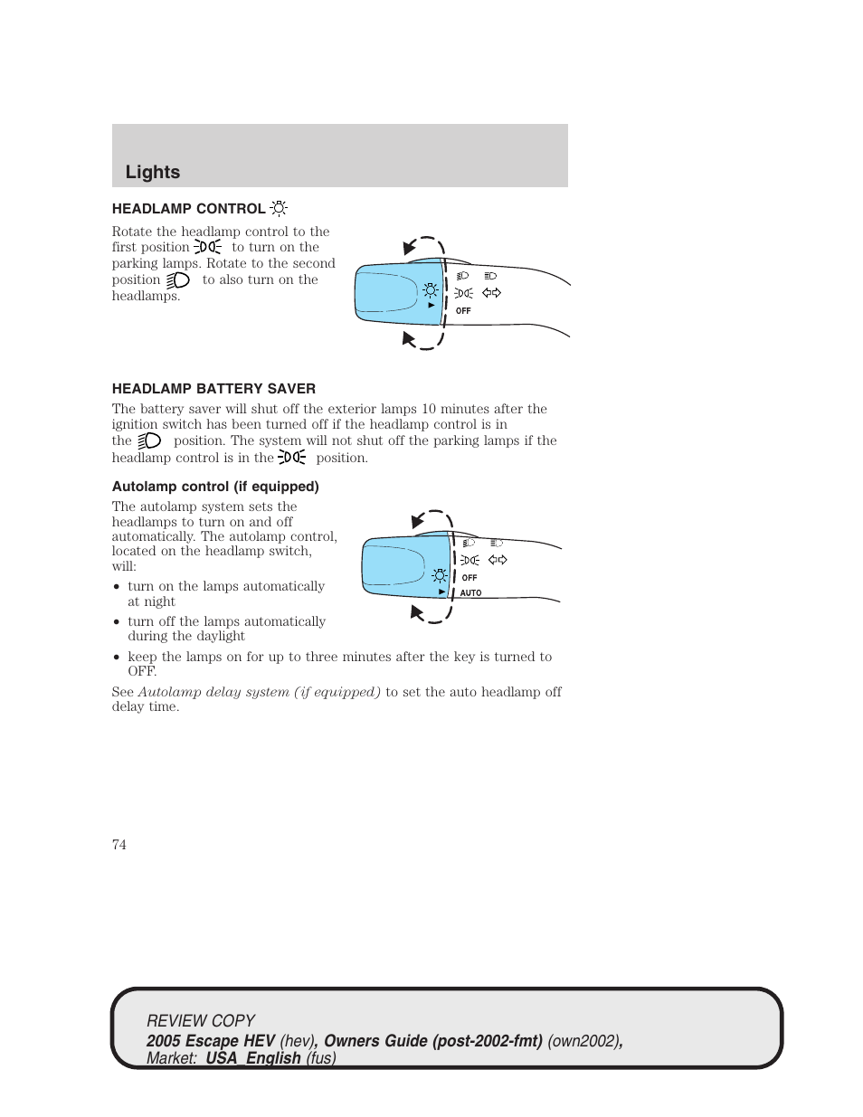 Lights | FORD 2005 Escape Hybrid v.1 User Manual | Page 74 / 328