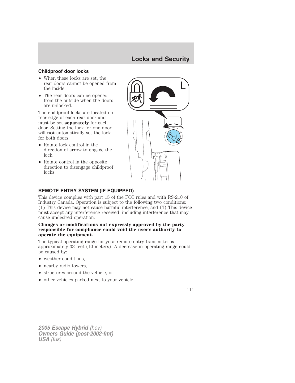 Childproof door locks, Remote entry system (if equipped), Locks and security | FORD 2005 Escape Hybrid v.2 User Manual | Page 111 / 328