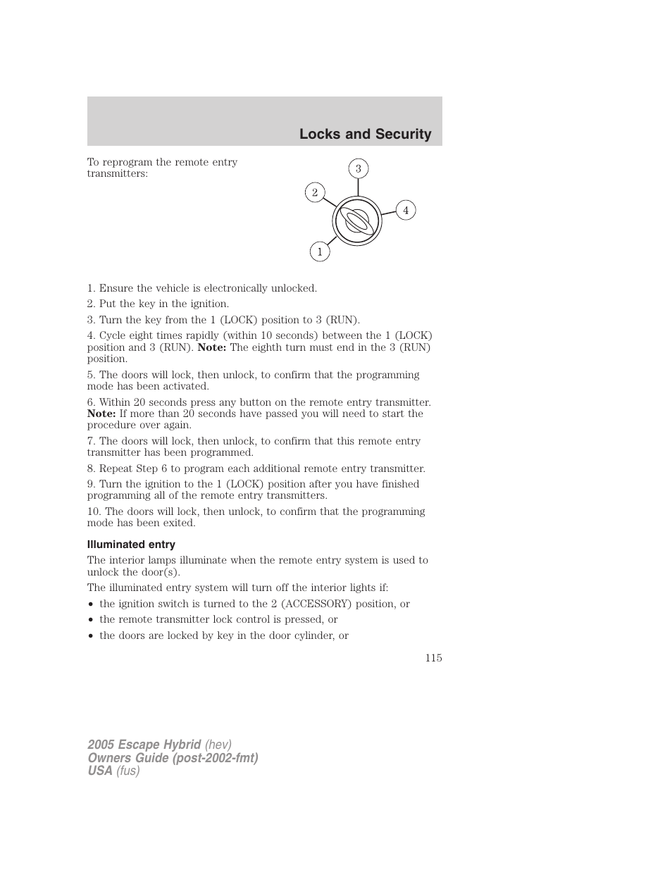 Illuminated entry, Locks and security | FORD 2005 Escape Hybrid v.2 User Manual | Page 115 / 328