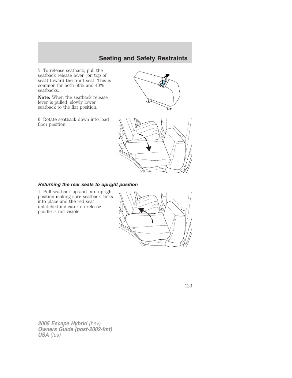 Returning the rear seats to upright position, Seating and safety restraints | FORD 2005 Escape Hybrid v.2 User Manual | Page 123 / 328