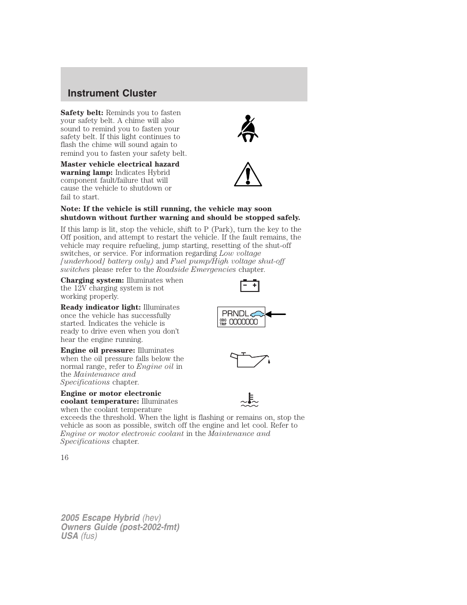 Instrument cluster | FORD 2005 Escape Hybrid v.2 User Manual | Page 16 / 328