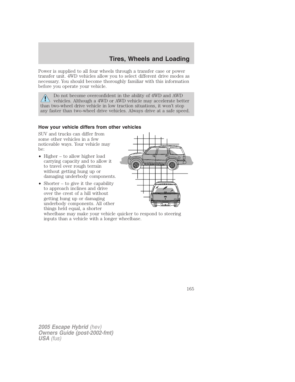 How your vehicle differs from other vehicles, Tires, wheels and loading | FORD 2005 Escape Hybrid v.2 User Manual | Page 165 / 328