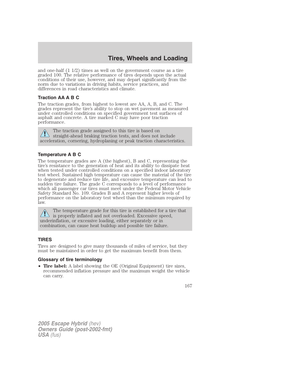 Traction aa a b c, Temperature a b c, Tires | Glossary of tire terminology, Tire information, Tires, wheels and loading | FORD 2005 Escape Hybrid v.2 User Manual | Page 167 / 328