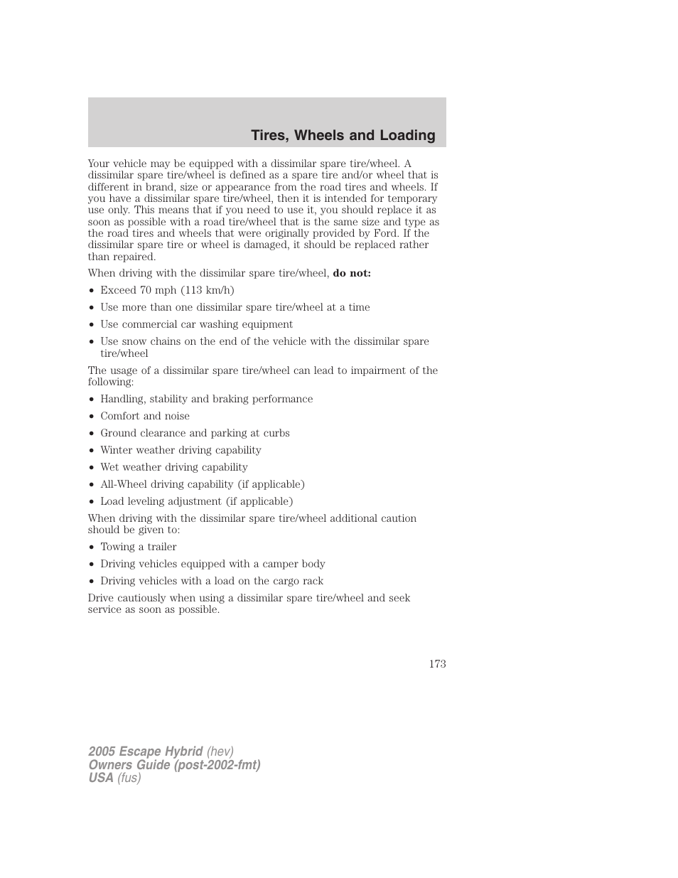 Tires, wheels and loading | FORD 2005 Escape Hybrid v.2 User Manual | Page 173 / 328