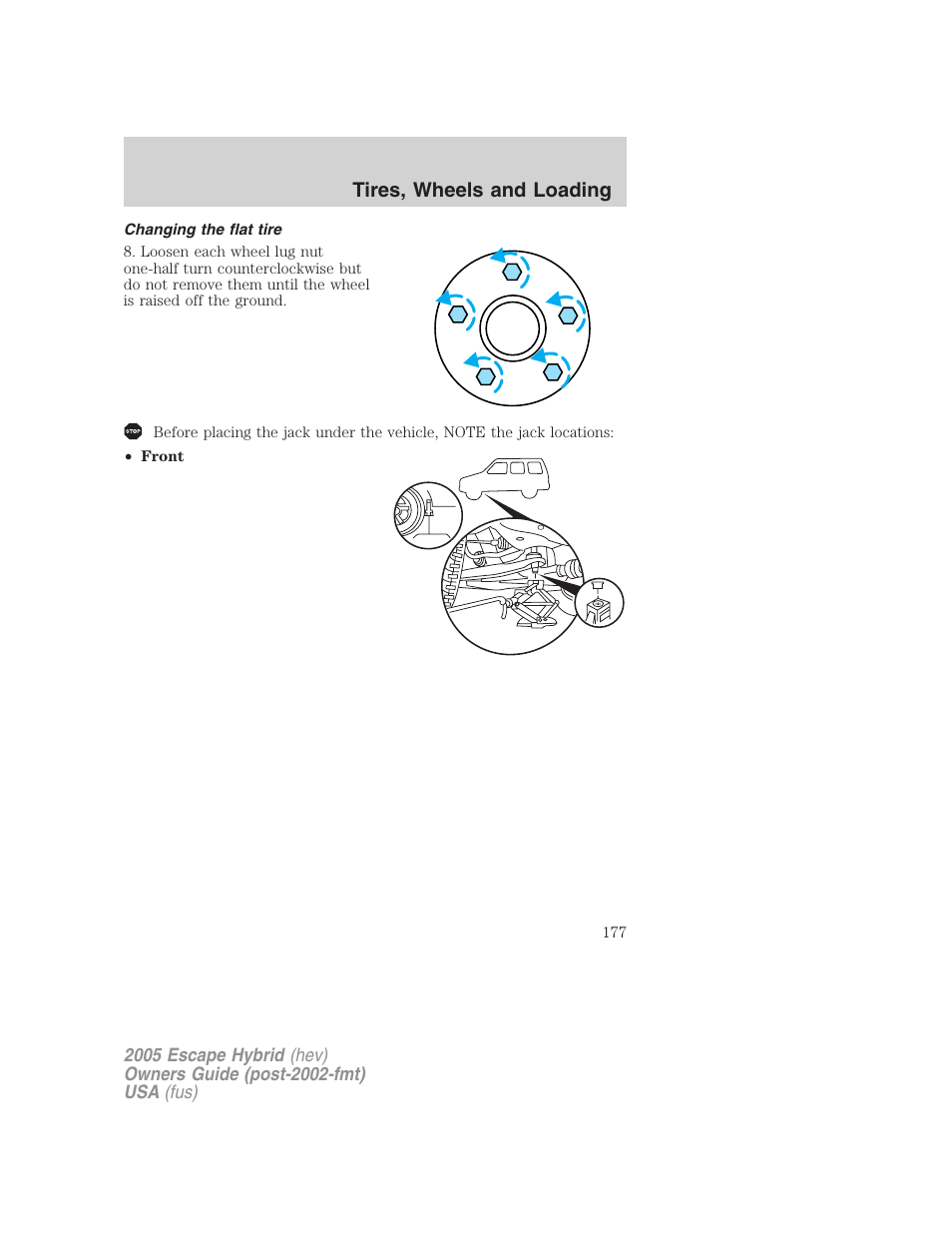 Changing the flat tire, Tires, wheels and loading | FORD 2005 Escape Hybrid v.2 User Manual | Page 177 / 328