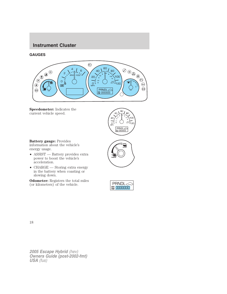 Gauges, Instrument cluster | FORD 2005 Escape Hybrid v.2 User Manual | Page 18 / 328