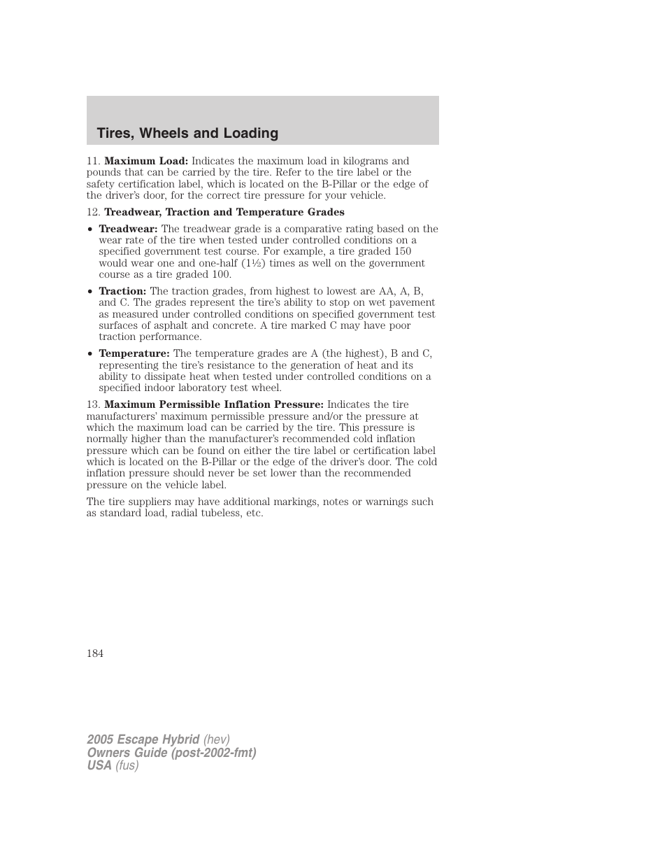 Tires, wheels and loading | FORD 2005 Escape Hybrid v.2 User Manual | Page 184 / 328