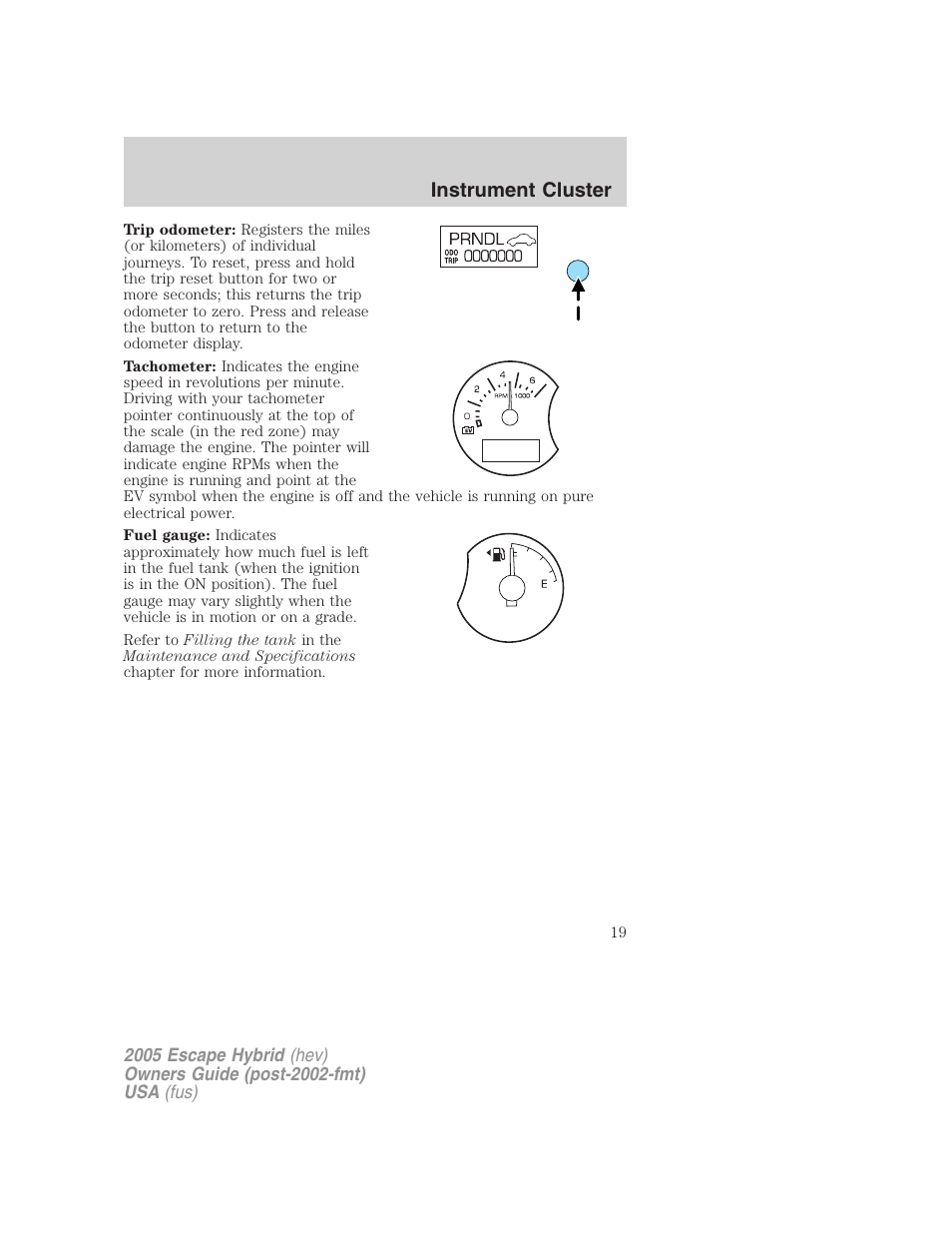 Instrument cluster | FORD 2005 Escape Hybrid v.2 User Manual | Page 19 / 328