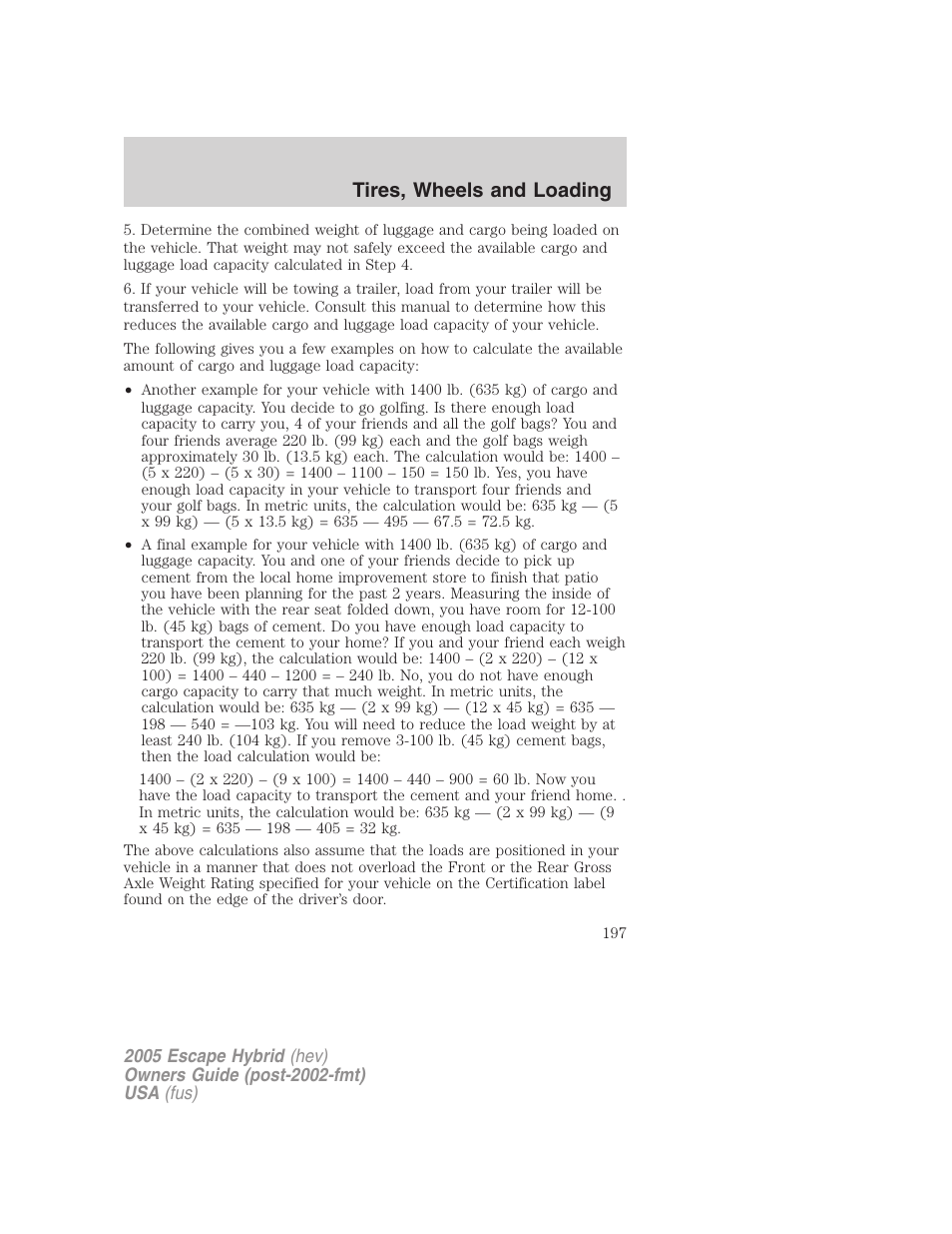 Tires, wheels and loading | FORD 2005 Escape Hybrid v.2 User Manual | Page 197 / 328