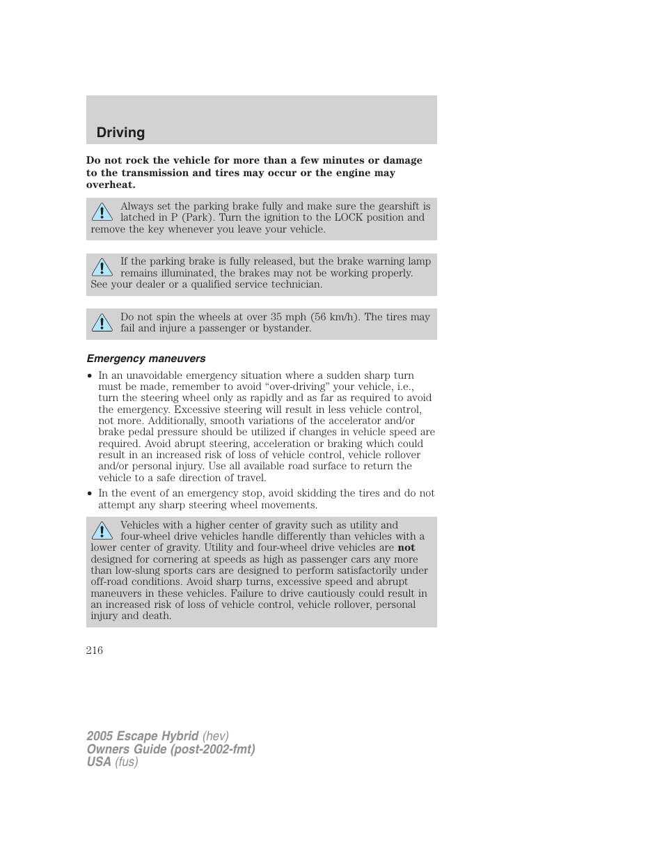 Emergency maneuvers, Driving | FORD 2005 Escape Hybrid v.2 User Manual | Page 216 / 328