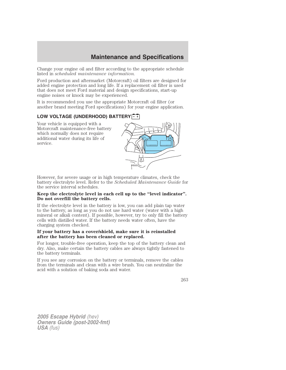 Low voltage (underhood) battery, Battery, Maintenance and specifications | FORD 2005 Escape Hybrid v.2 User Manual | Page 263 / 328