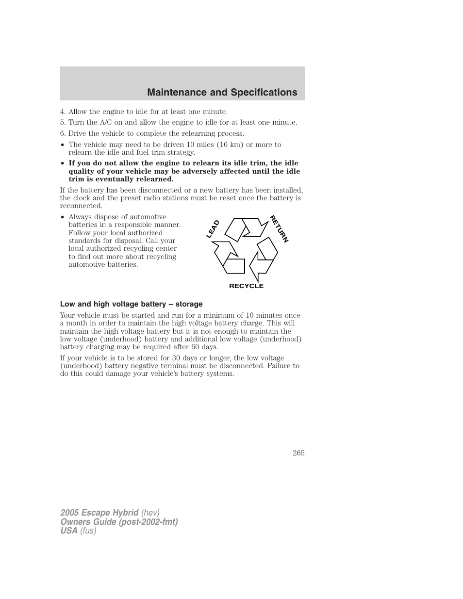 Low and high voltage battery – storage, Maintenance and specifications | FORD 2005 Escape Hybrid v.2 User Manual | Page 265 / 328