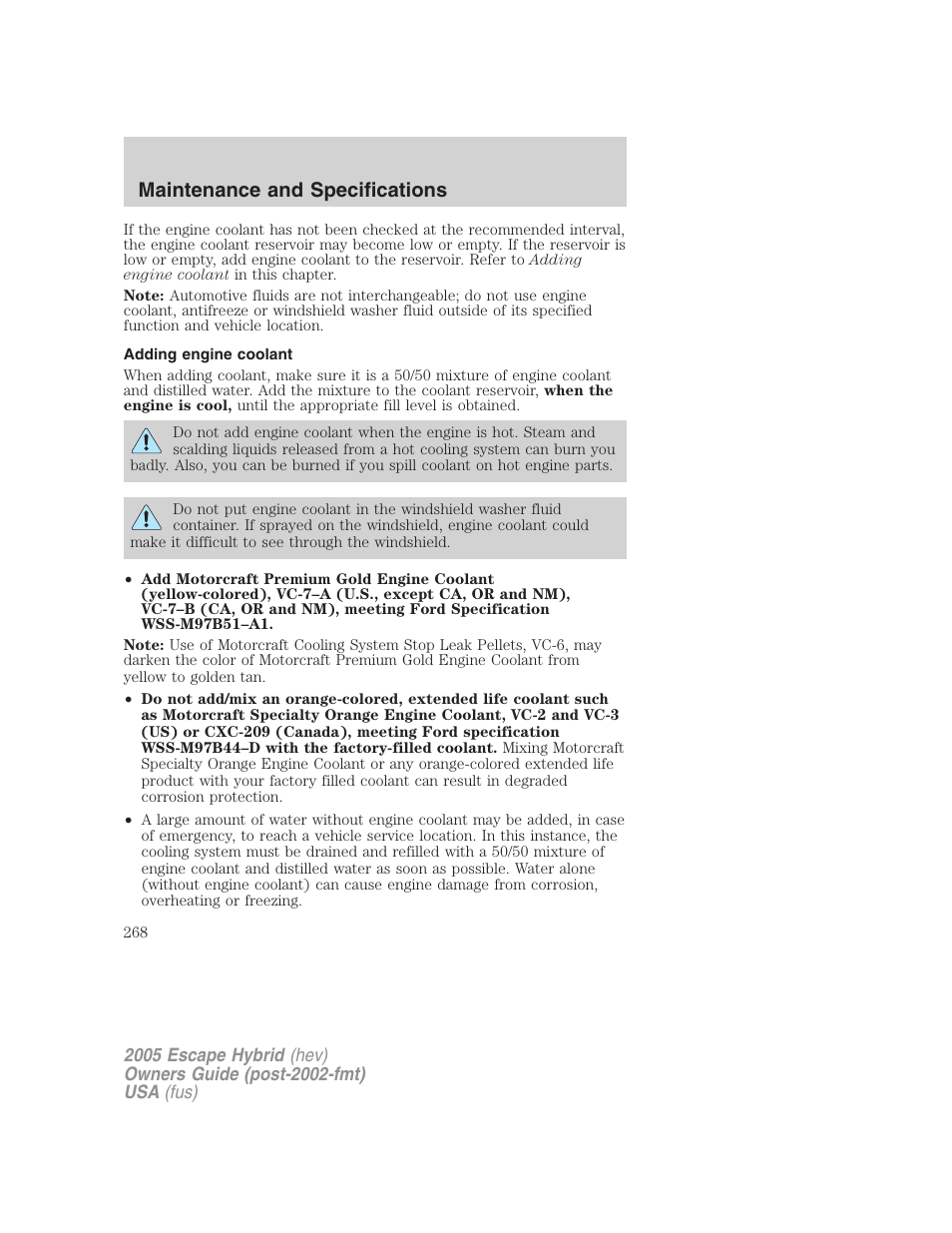 Adding engine coolant, Maintenance and specifications | FORD 2005 Escape Hybrid v.2 User Manual | Page 268 / 328
