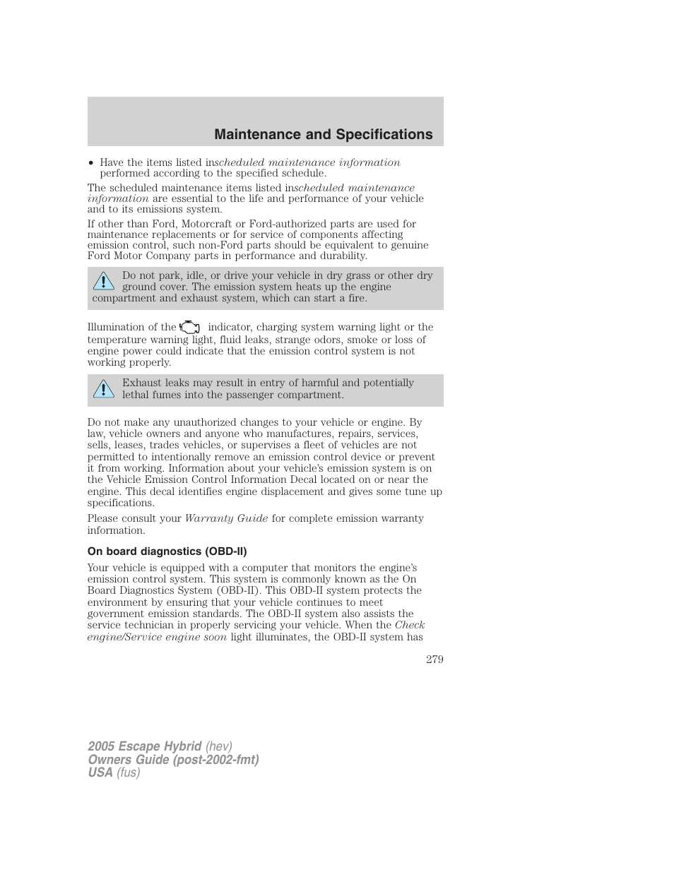 On board diagnostics (obd-ii), Maintenance and specifications | FORD 2005 Escape Hybrid v.2 User Manual | Page 279 / 328