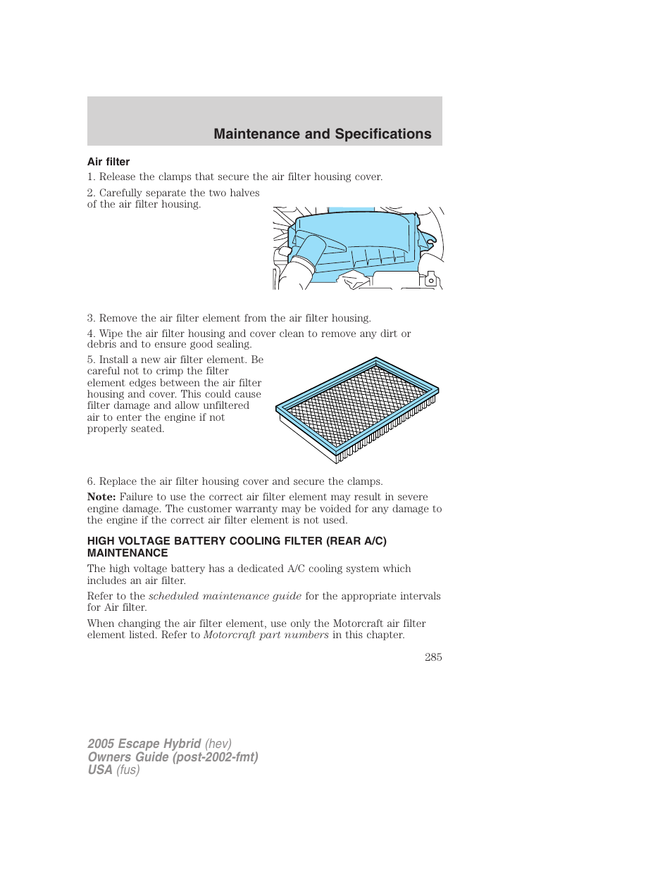 Air filter, Air filter(s), Maintenance and specifications | FORD 2005 Escape Hybrid v.2 User Manual | Page 285 / 328