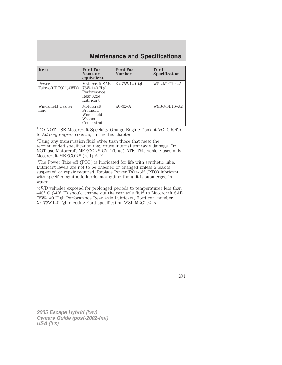 Maintenance and specifications | FORD 2005 Escape Hybrid v.2 User Manual | Page 291 / 328