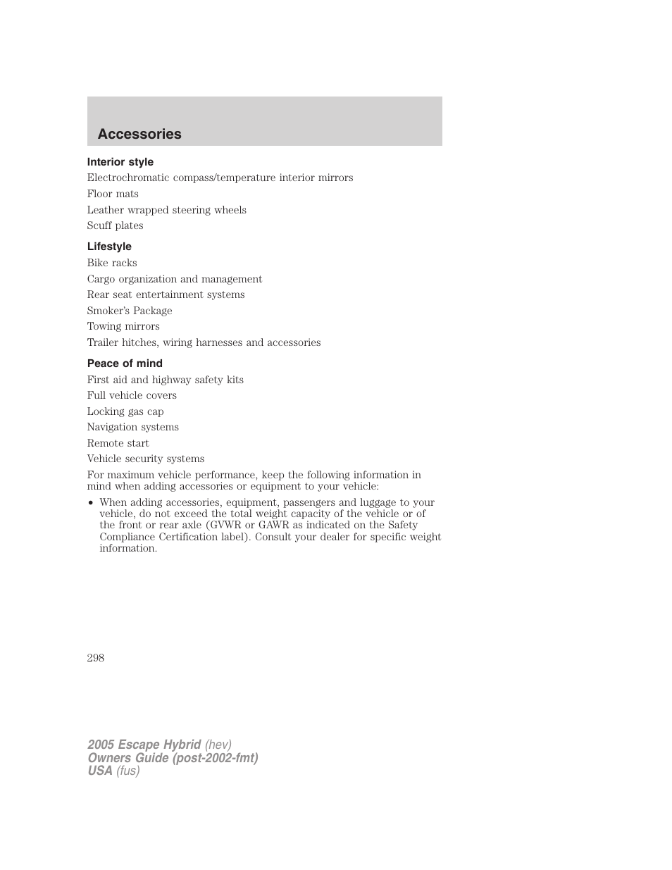 Interior style, Lifestyle, Peace of mind | Accessories | FORD 2005 Escape Hybrid v.2 User Manual | Page 298 / 328