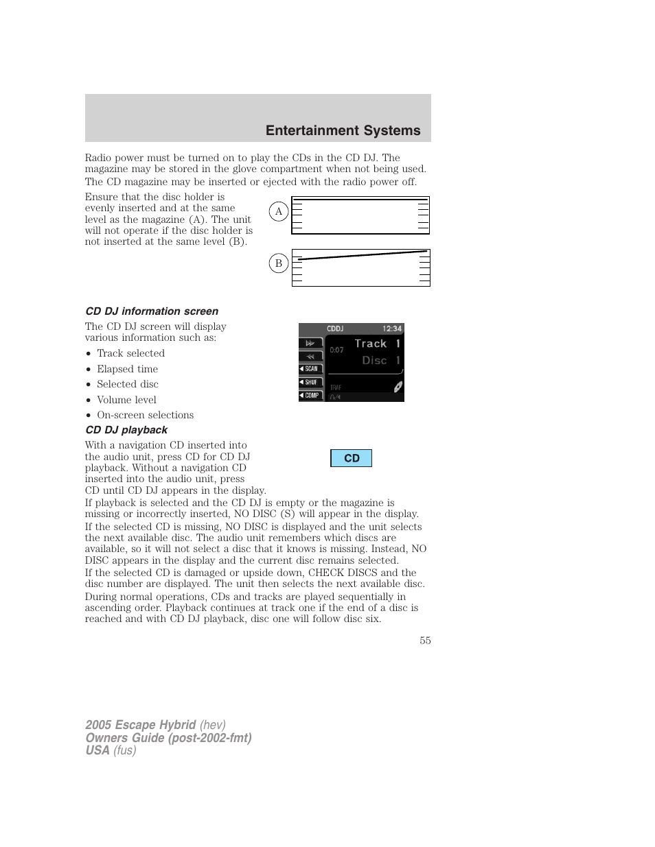 Cd dj information screen, Cd dj playback, Entertainment systems | FORD 2005 Escape Hybrid v.2 User Manual | Page 55 / 328