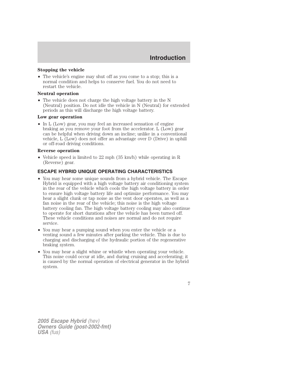 Escape hybrid unique operating characteristics, Introduction | FORD 2005 Escape Hybrid v.2 User Manual | Page 7 / 328