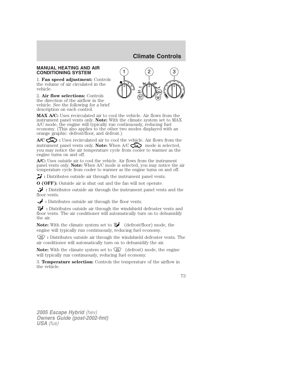 Climate controls, Manual heating and air conditioning system, Manual heating and air conditioning | FORD 2005 Escape Hybrid v.2 User Manual | Page 73 / 328