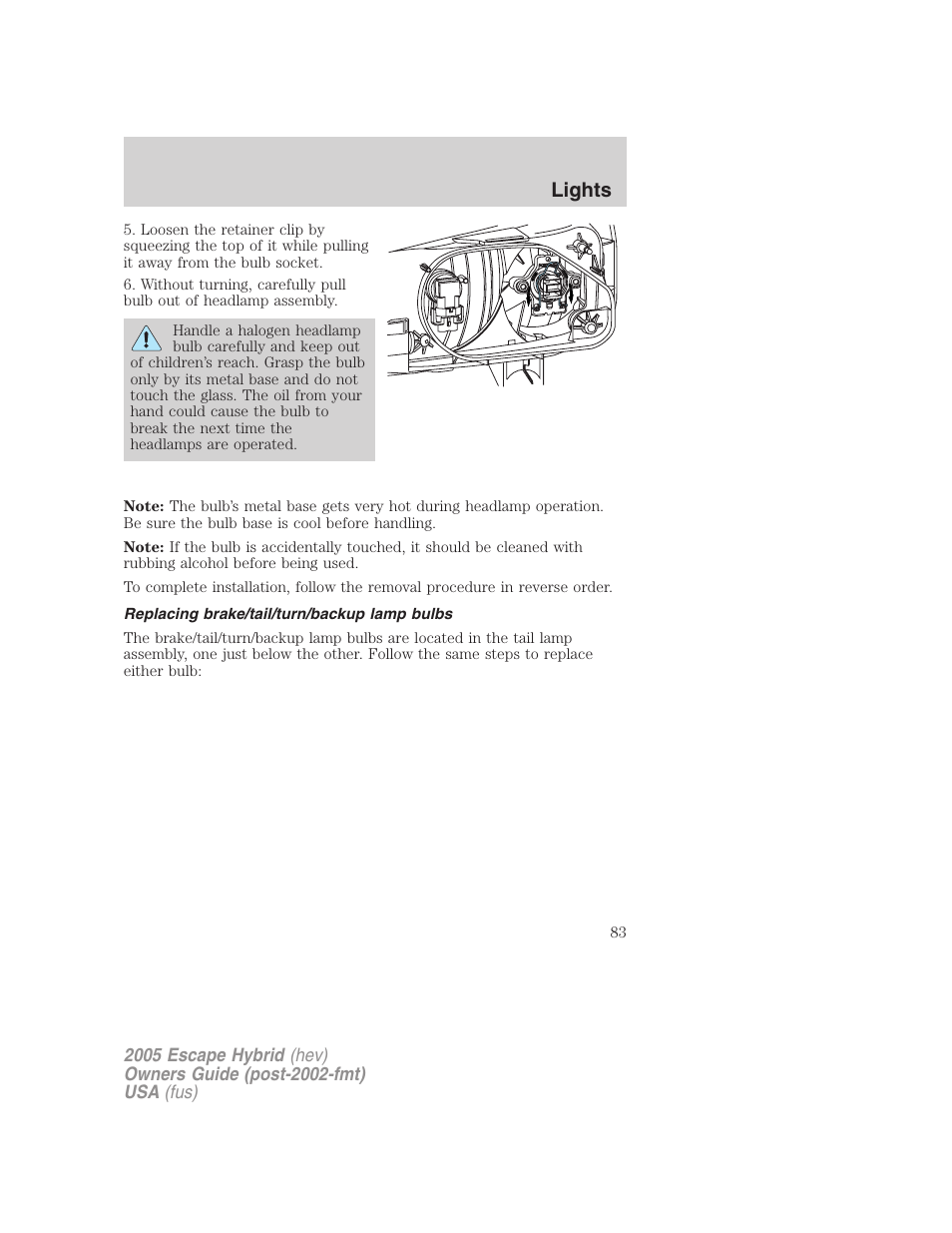 Replacing brake/tail/turn/backup lamp bulbs, Lights | FORD 2005 Escape Hybrid v.2 User Manual | Page 83 / 328