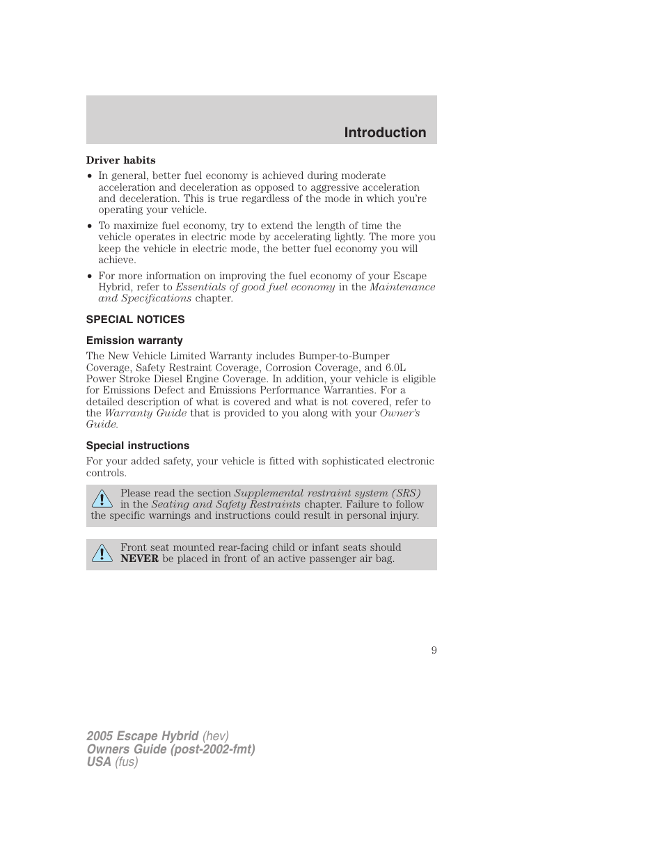 Special notices, Emission warranty, Special instructions | Introduction | FORD 2005 Escape Hybrid v.2 User Manual | Page 9 / 328