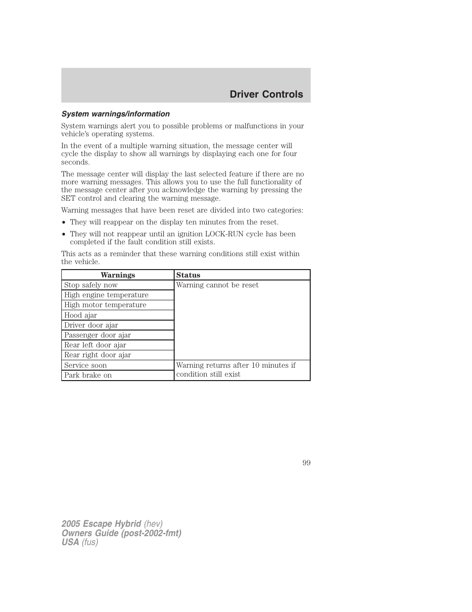 System warnings/information, Driver controls | FORD 2005 Escape Hybrid v.2 User Manual | Page 99 / 328