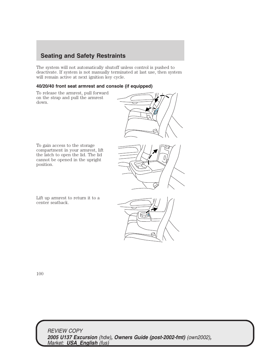 Seating and safety restraints | FORD 2005 Excursion v.1 User Manual | Page 100 / 280