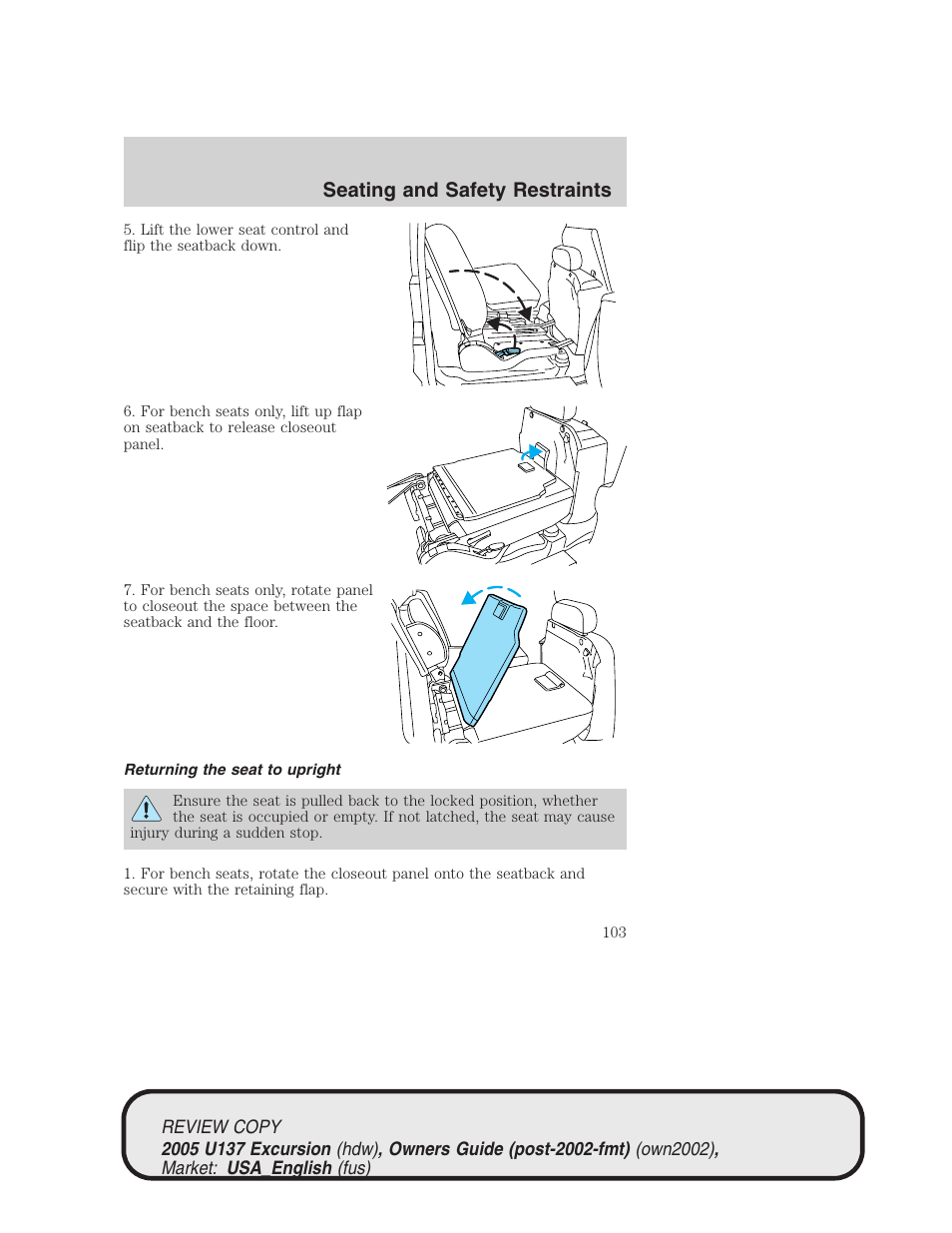 Seating and safety restraints | FORD 2005 Excursion v.1 User Manual | Page 103 / 280