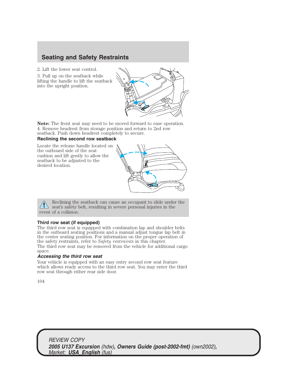 Seating and safety restraints | FORD 2005 Excursion v.1 User Manual | Page 104 / 280