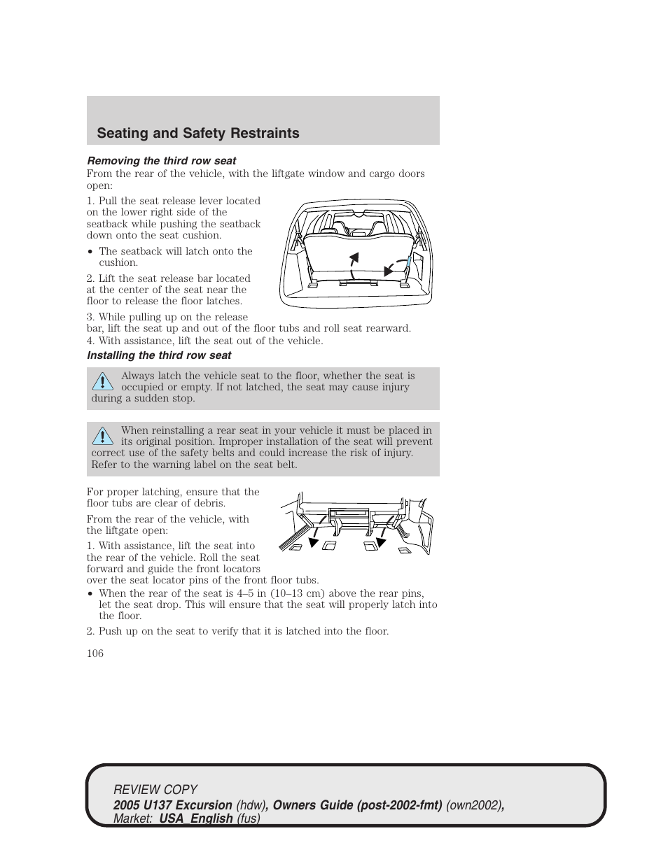 Seating and safety restraints | FORD 2005 Excursion v.1 User Manual | Page 106 / 280