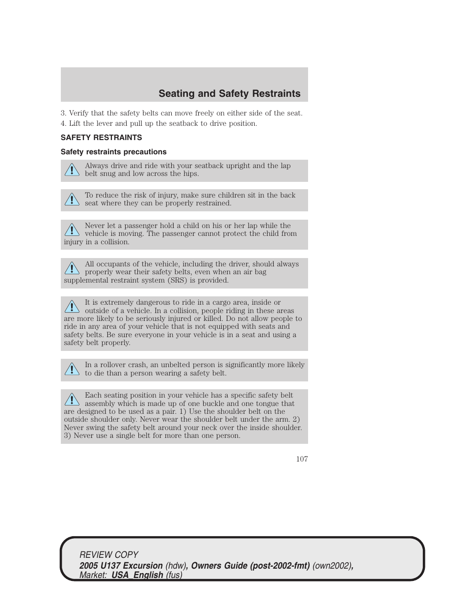 Seating and safety restraints | FORD 2005 Excursion v.1 User Manual | Page 107 / 280