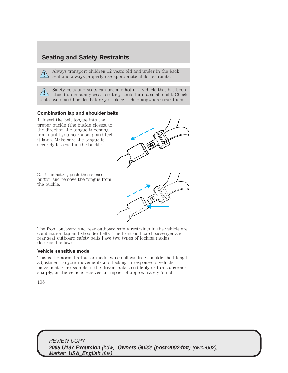 Seating and safety restraints | FORD 2005 Excursion v.1 User Manual | Page 108 / 280