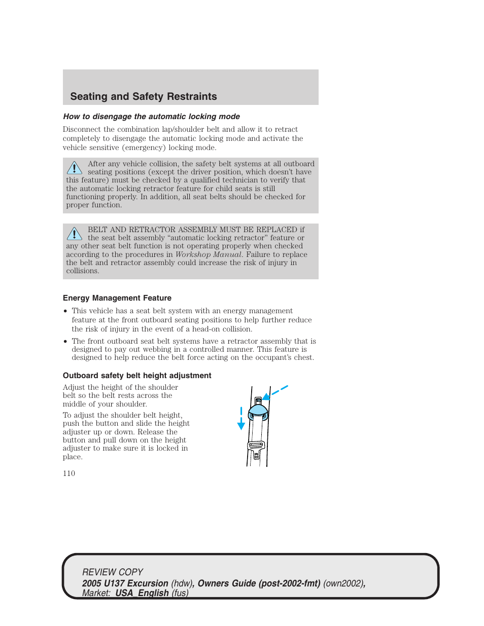 Seating and safety restraints | FORD 2005 Excursion v.1 User Manual | Page 110 / 280
