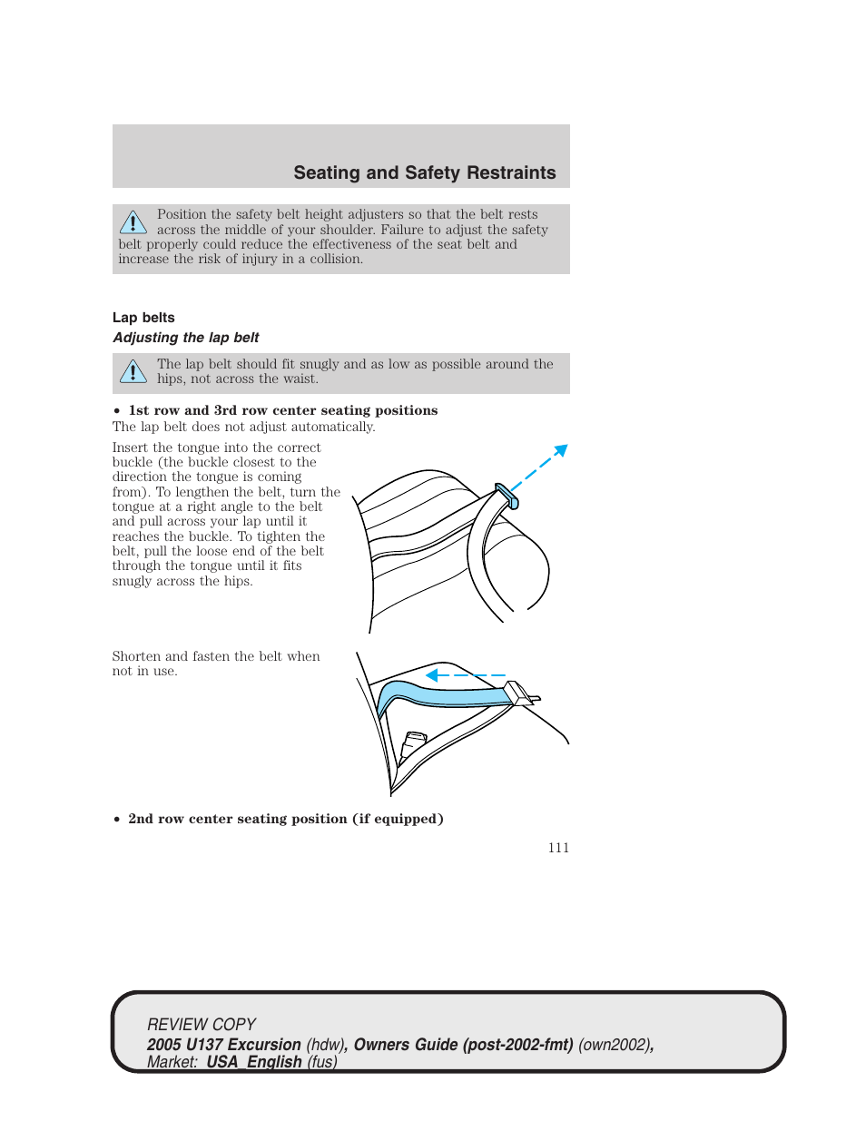 Seating and safety restraints | FORD 2005 Excursion v.1 User Manual | Page 111 / 280