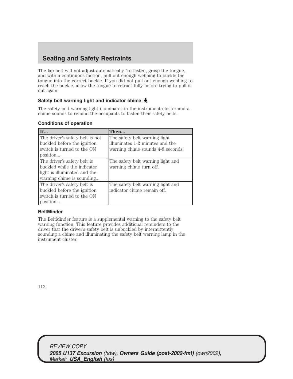 Seating and safety restraints | FORD 2005 Excursion v.1 User Manual | Page 112 / 280