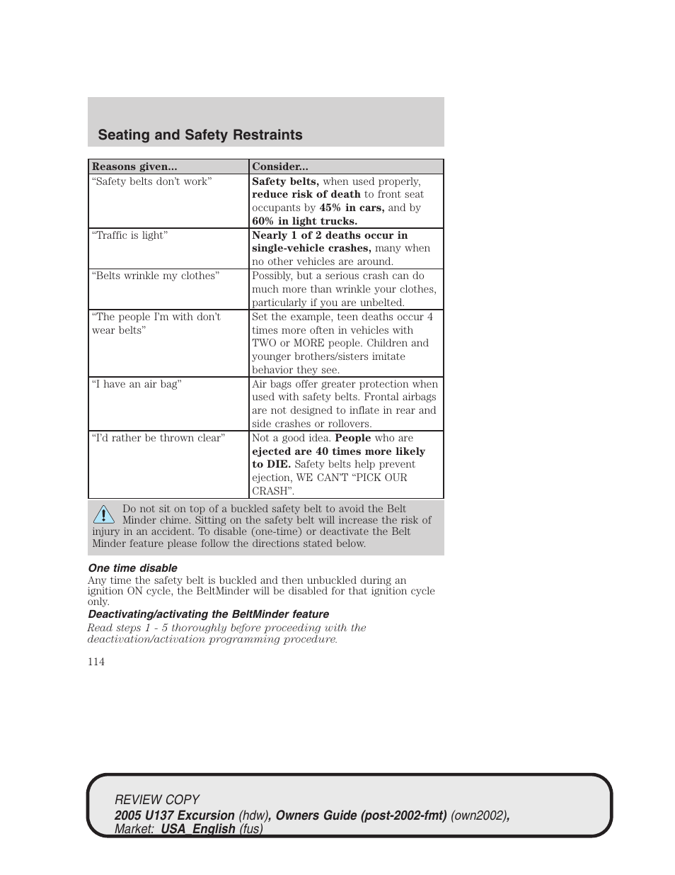 Seating and safety restraints | FORD 2005 Excursion v.1 User Manual | Page 114 / 280