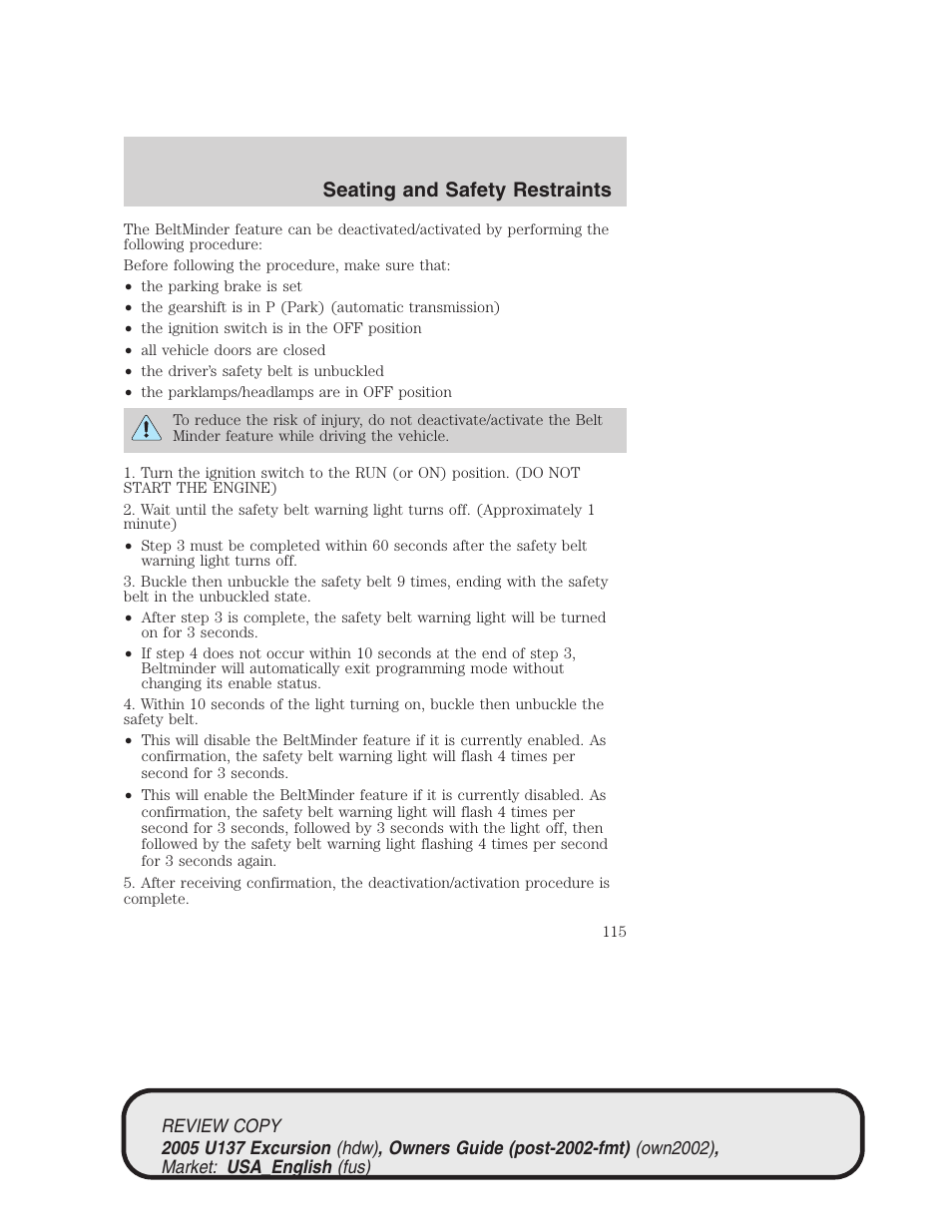 Seating and safety restraints | FORD 2005 Excursion v.1 User Manual | Page 115 / 280