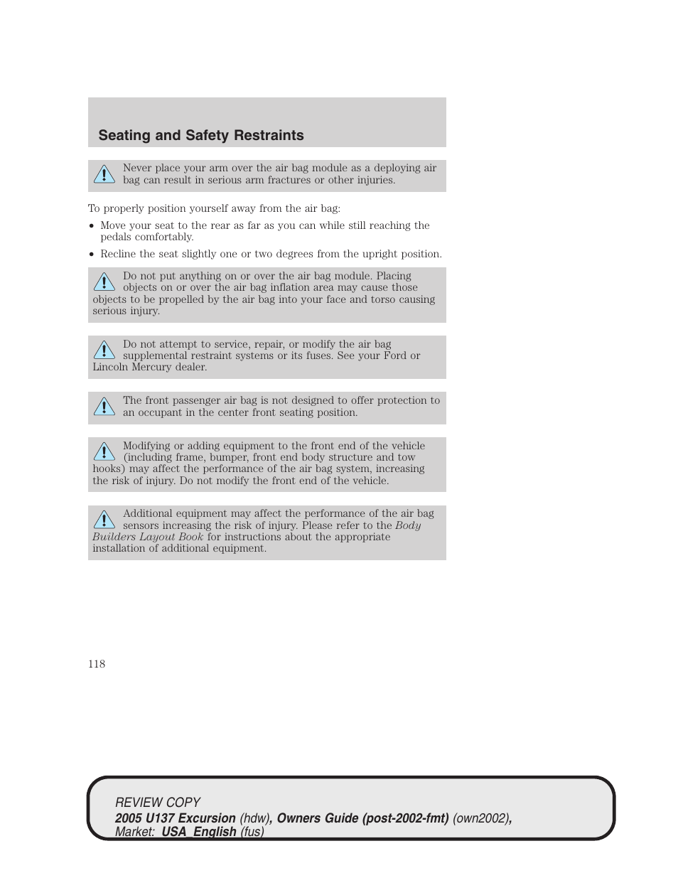 Seating and safety restraints | FORD 2005 Excursion v.1 User Manual | Page 118 / 280