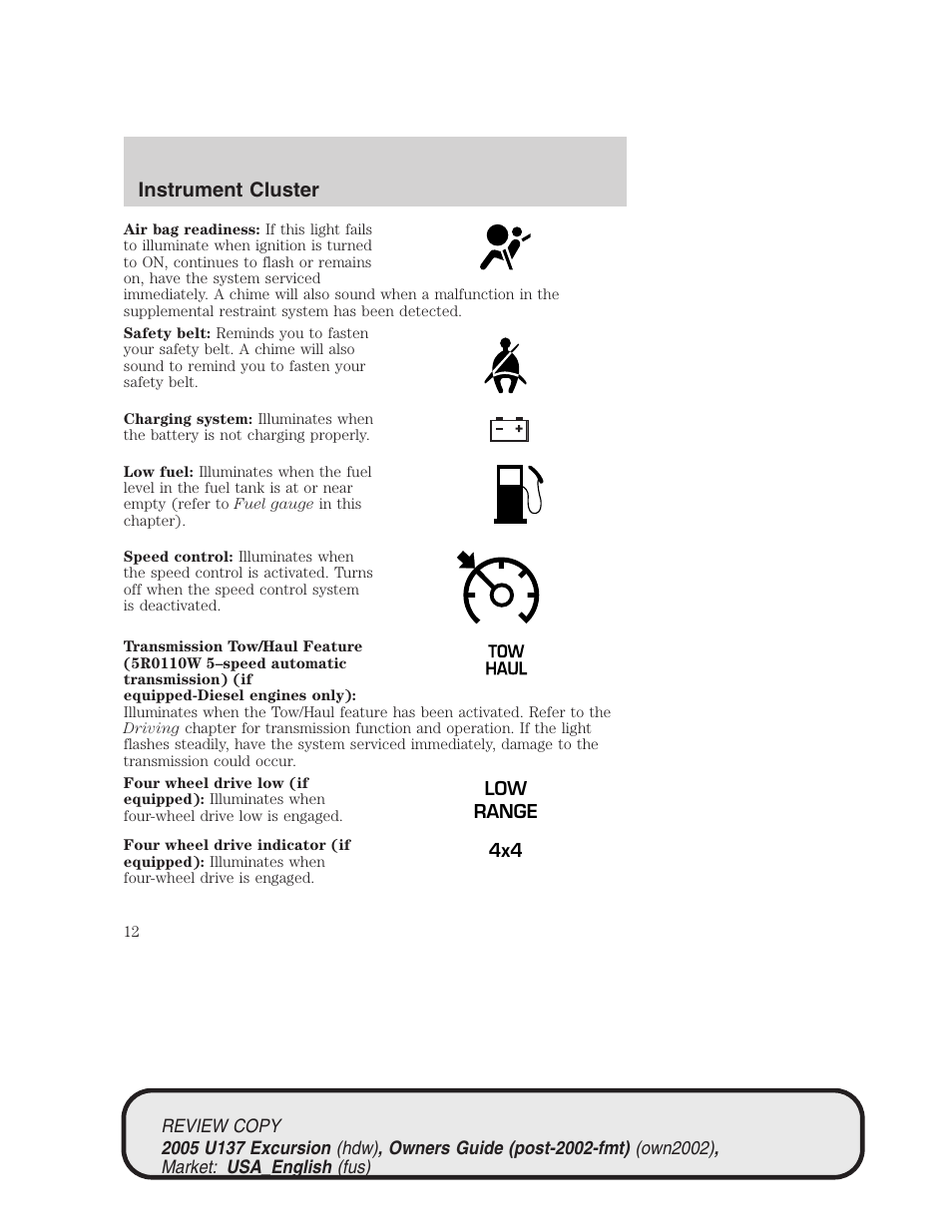 Instrument cluster | FORD 2005 Excursion v.1 User Manual | Page 12 / 280