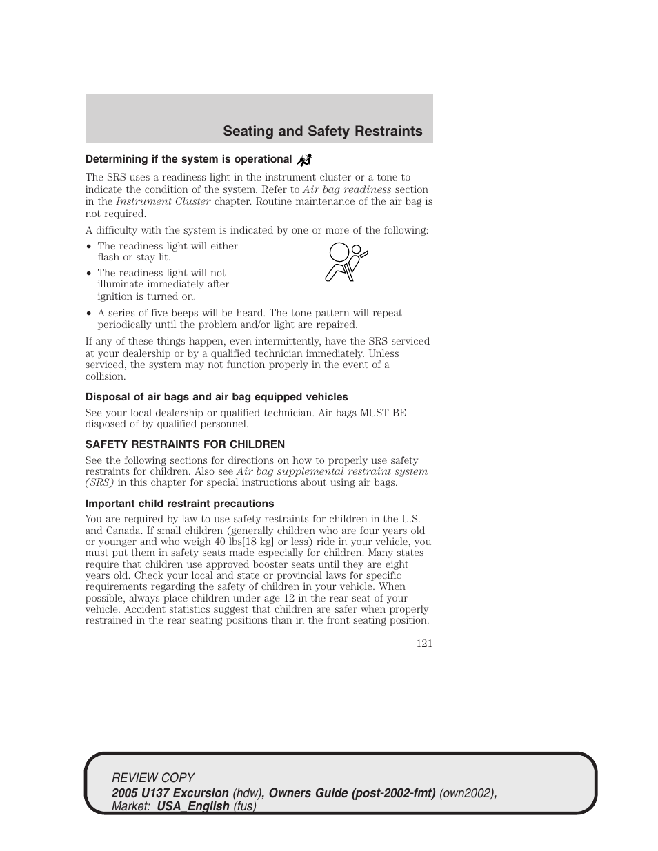 Seating and safety restraints | FORD 2005 Excursion v.1 User Manual | Page 121 / 280