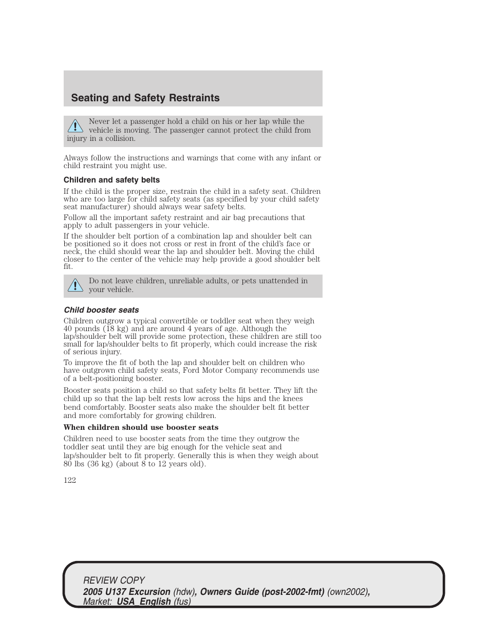 Seating and safety restraints | FORD 2005 Excursion v.1 User Manual | Page 122 / 280