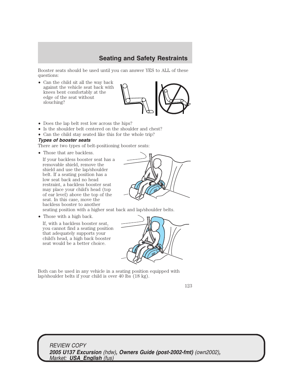 Seating and safety restraints | FORD 2005 Excursion v.1 User Manual | Page 123 / 280