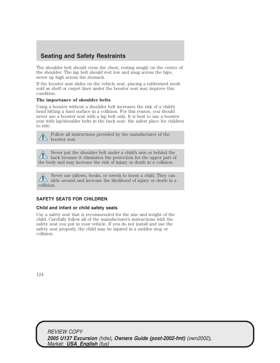 Seating and safety restraints | FORD 2005 Excursion v.1 User Manual | Page 124 / 280