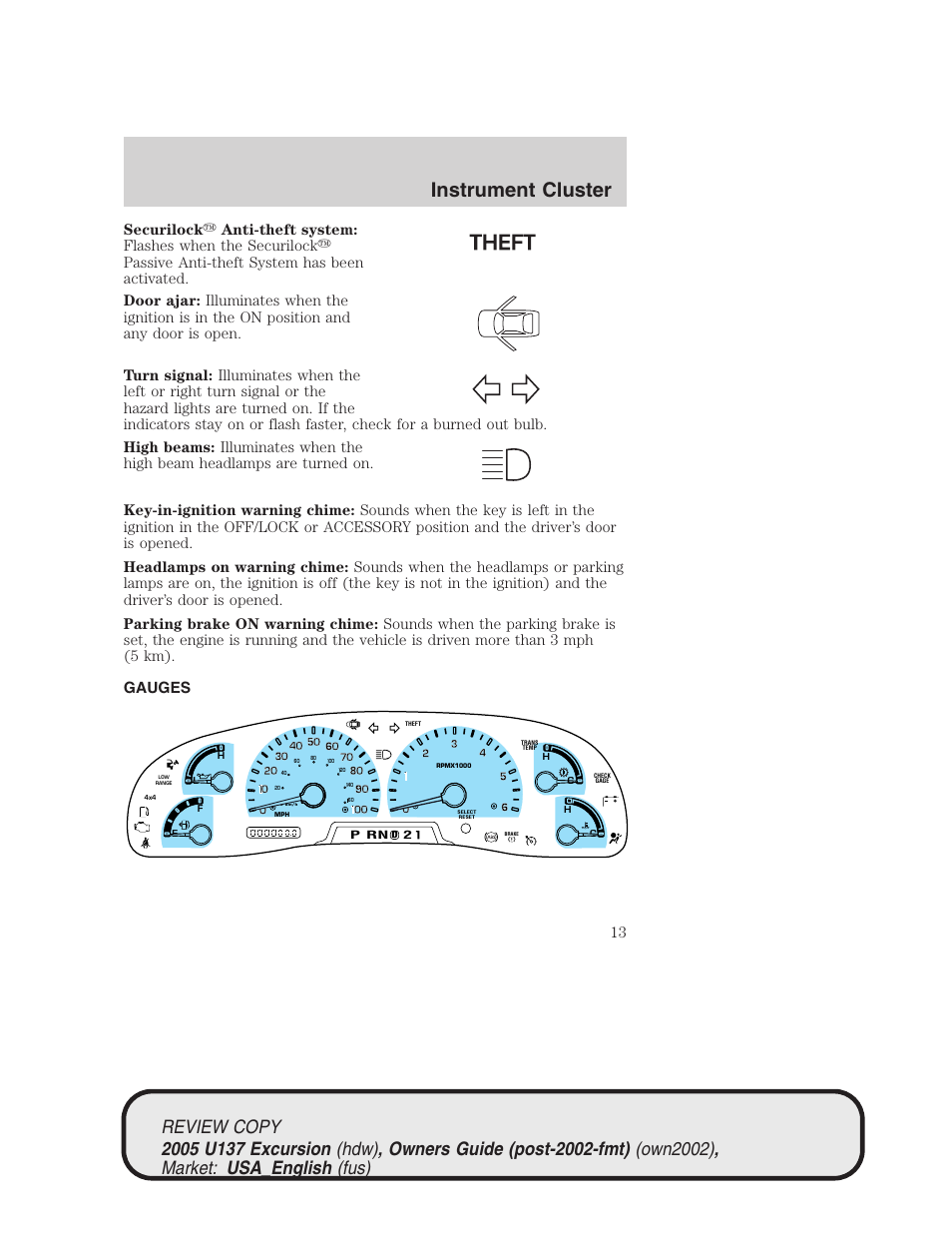 Instrument cluster | FORD 2005 Excursion v.1 User Manual | Page 13 / 280