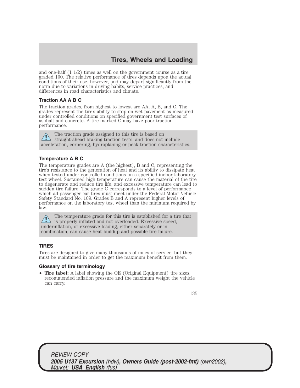 Tires, wheels and loading | FORD 2005 Excursion v.1 User Manual | Page 135 / 280